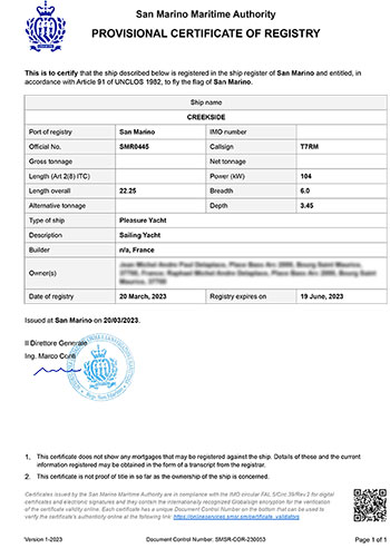 San Marino registration certificate
